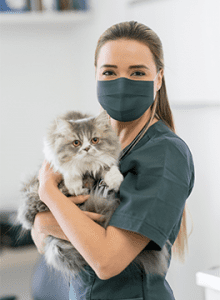 Woman with mask holding cat